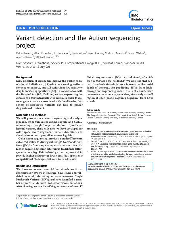 (PDF) Variant detection and the Autism sequencing project