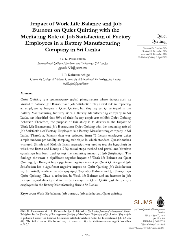 (PDF) Impact of Work Life Balance and Job Burnout on Quiet Quitting ...