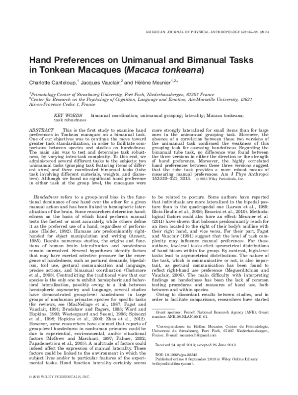 (PDF) Hand preferences on unimanual and bimanual tasks in Tonkean ...