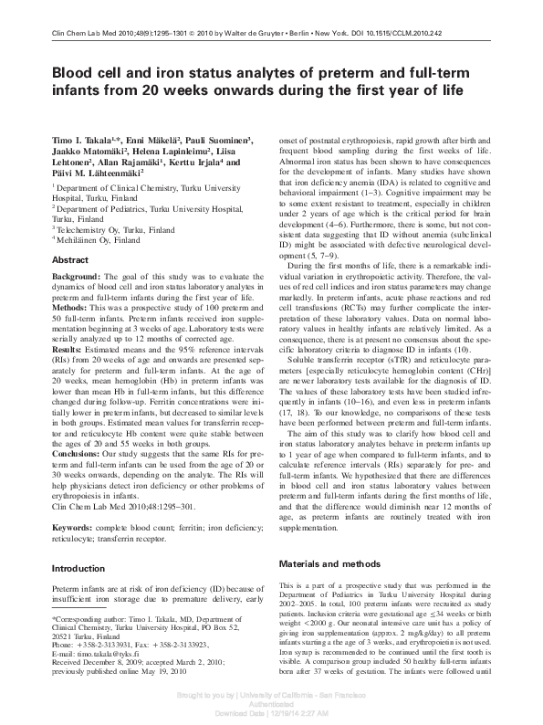 (PDF) Blood cell and iron status analytes of preterm and full-term ...