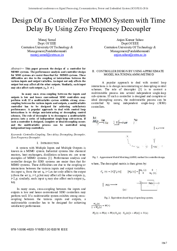 (PDF) Design Of a controller for MIMO system with time delay by using ...