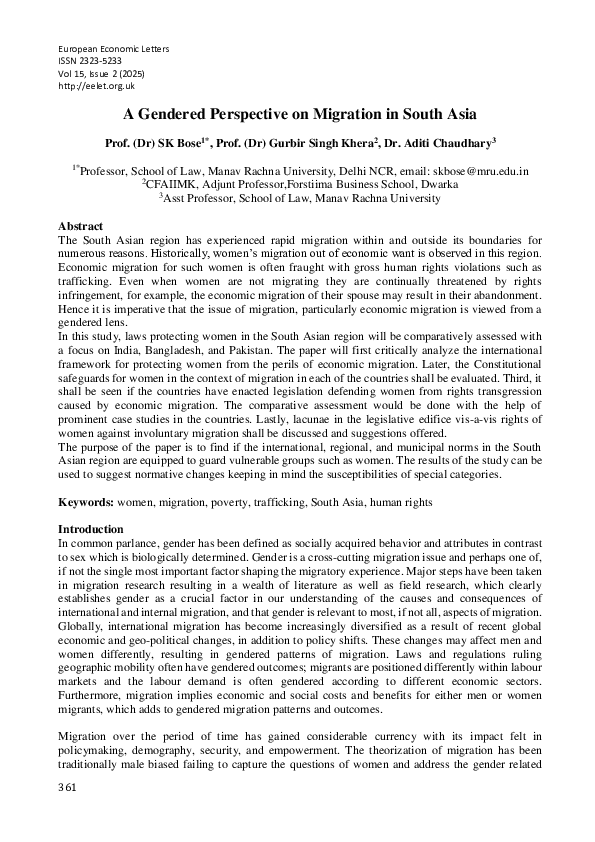 (PDF) A Gendered Perspective on Migration in South Asia