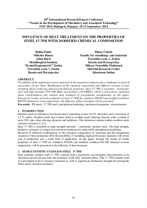 (PDF) Influence of Heat Treatment on the Properties of Steel 17-7PH ...