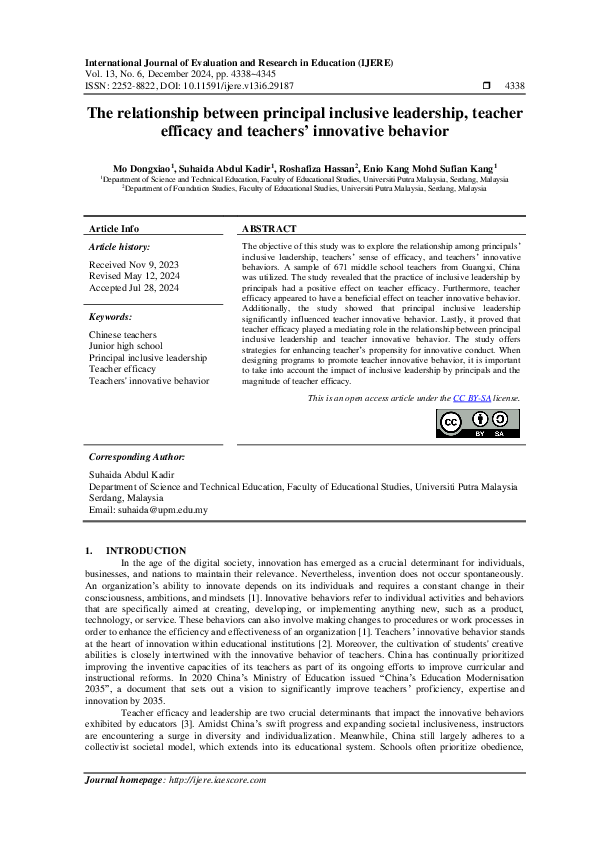 (PDF) The relationship between principal inclusive leadership, teacher ...