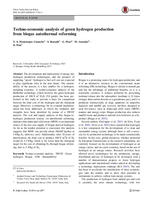 (PDF) Techno-economic analysis of green hydrogen production from biogas ...
