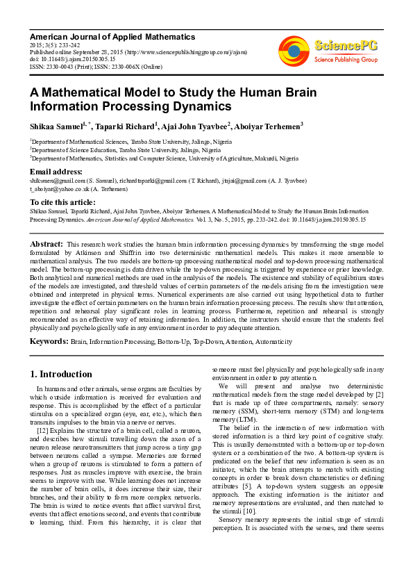 (PDF) A Mathematical Model to Study the Human Brain Information ...