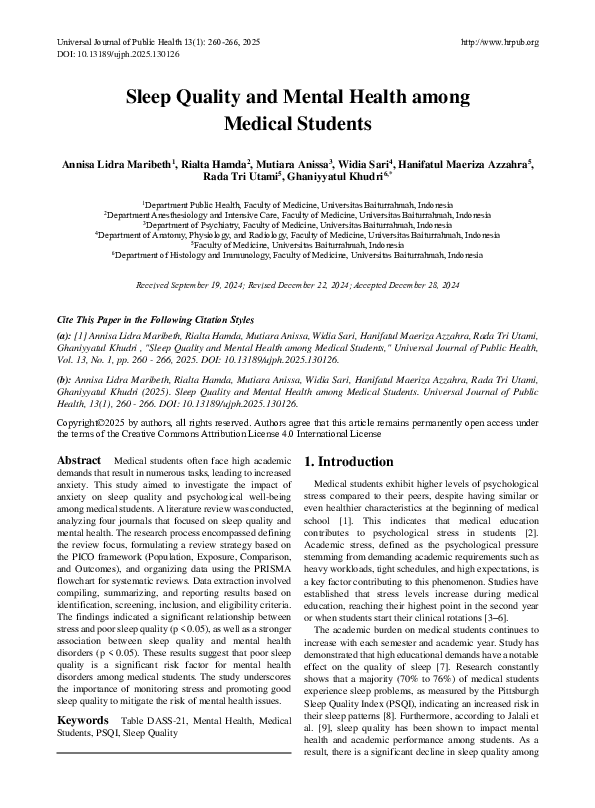 (PDF) Sleep Quality and Mental Health among Medical Students