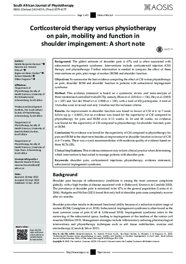(PDF) Corticosteroid therapy versus physiotherapy on pain, mobility and ...