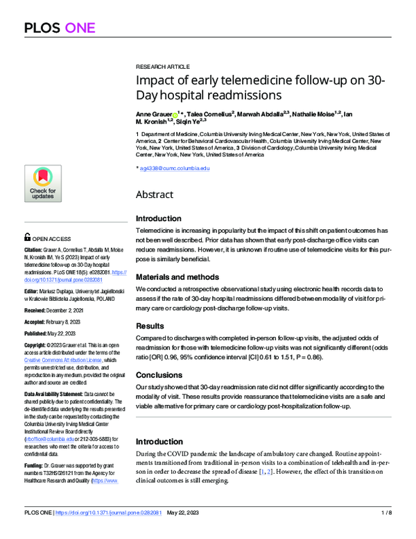 (PDF) Impact of early telemedicine follow-up on 30-Day hospital ...