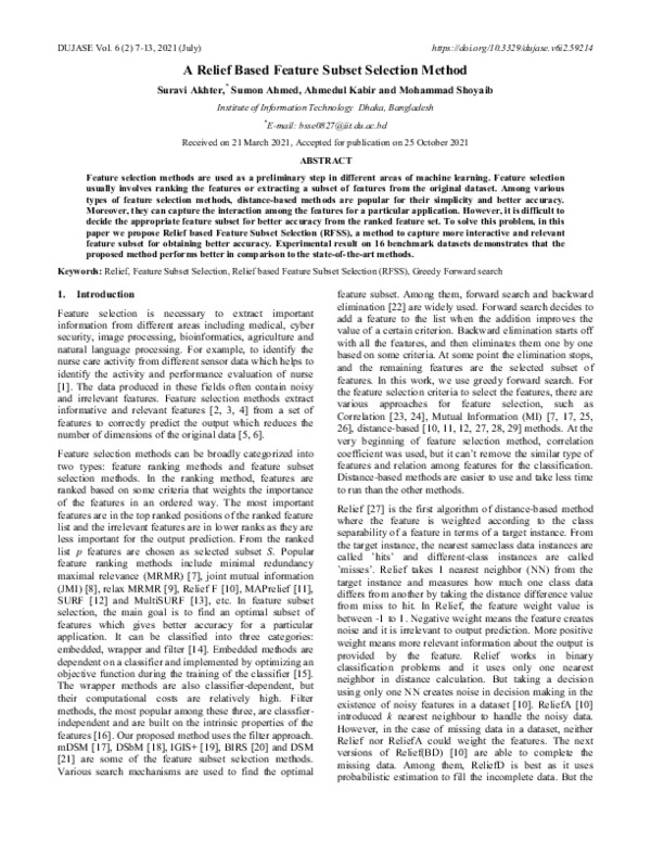 (PDF) A Relief Based Feature Subset Selection Method