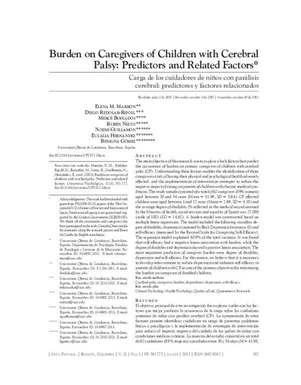 (PDF) Burden on caregivers of children with cerebral palsy: Predictors ...