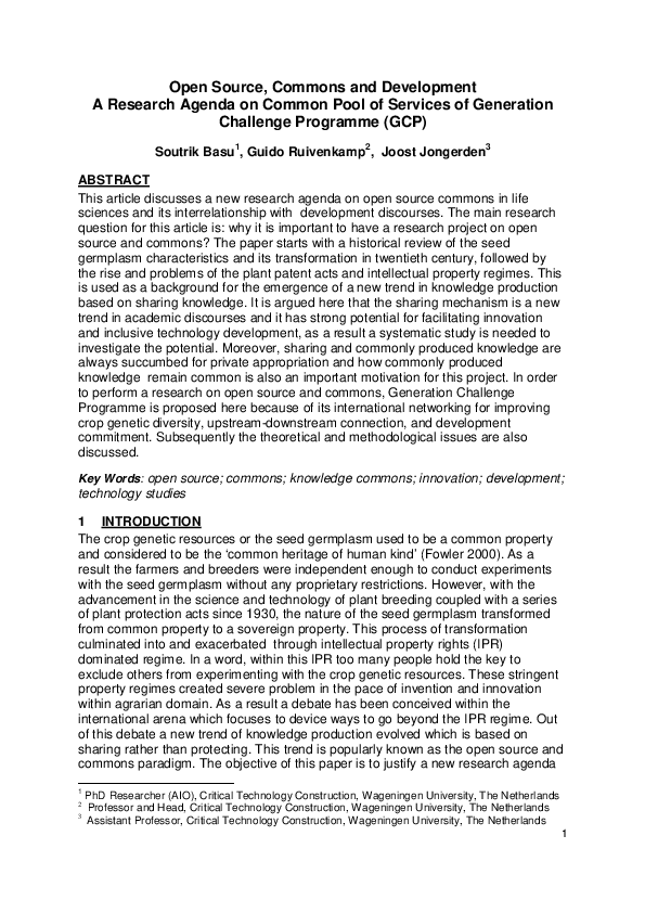 (PDF) Open Source, Commons, and Development: a research agenda on ...