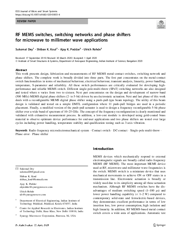 (PDF) RF MEMS switches, switching networks and phase shifters for ...