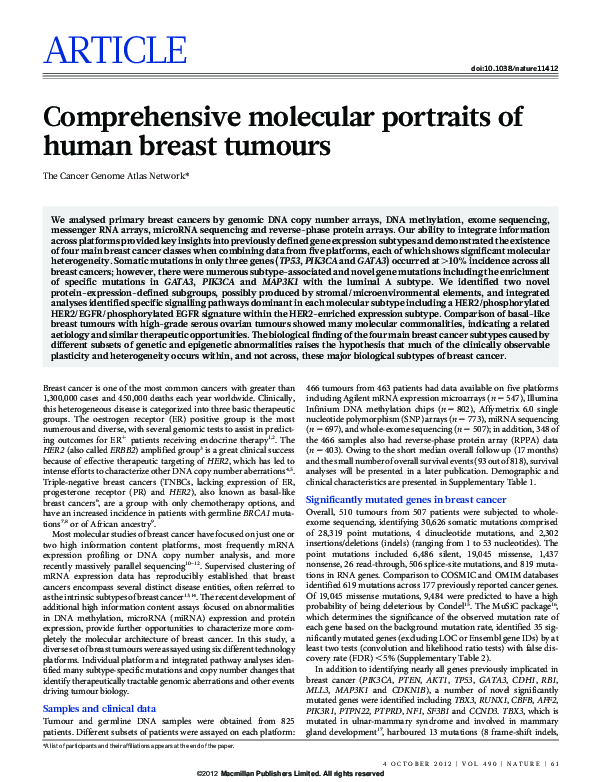 (PDF) Comprehensive molecular portraits of human breast tumours