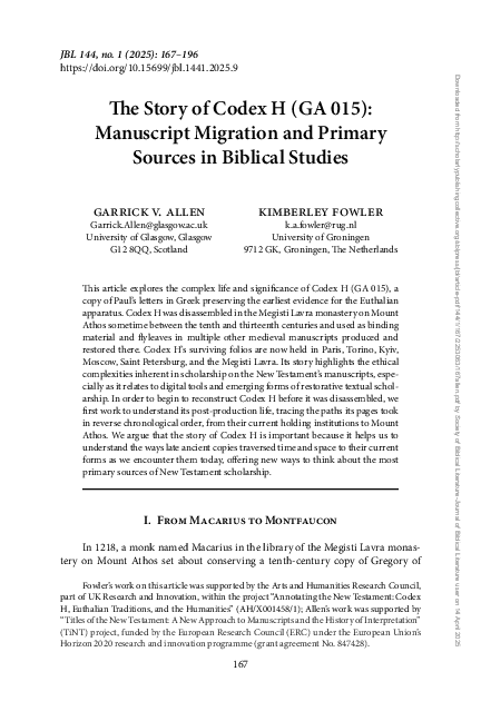 (PDF) The Story of Codex H (GA 015): Manuscript Migration and Primary ...