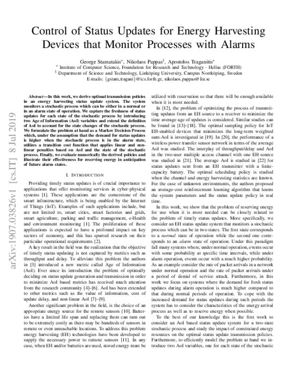 (PDF) Control of Status Updates for Energy Harvesting Devices That ...
