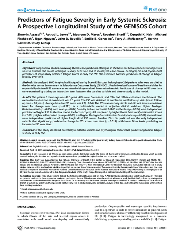 (PDF) Predictors of Fatigue Severity in Early Systemic Sclerosis: A ...