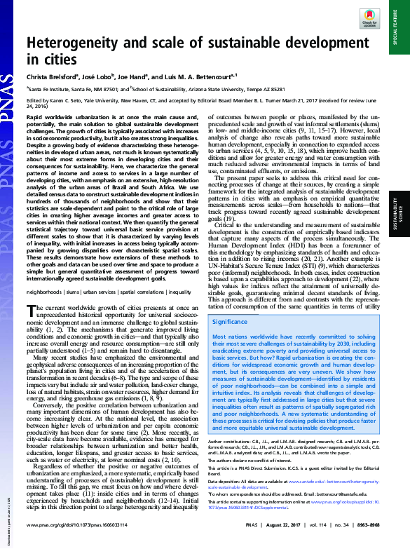 (PDF) Heterogeneity and scale of sustainable development in cities