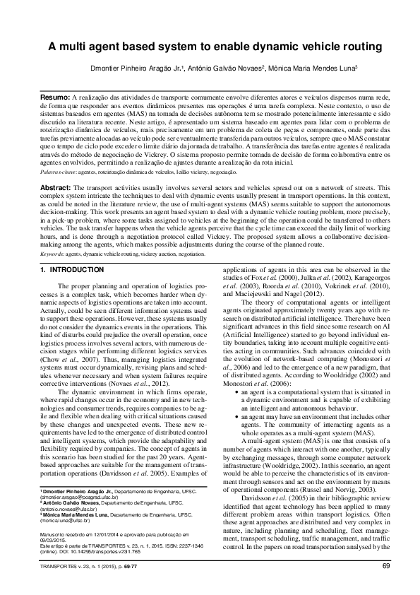 (PDF) A multi agent based system to enable dynamic vehicle routing