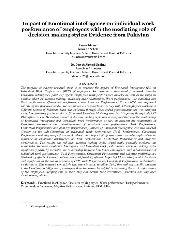 (PDF) Impact of Emotional intelligence on individual work performance ...
