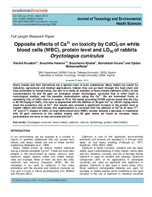 (PDF) Opposite effects of Ca2+ on toxicity by CdCl2 on white blood ...