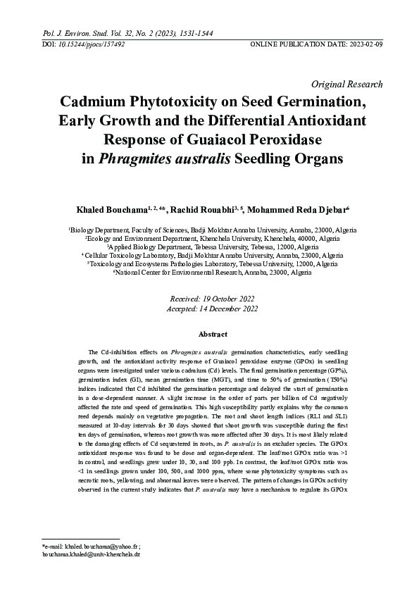 (PDF) Cadmium Phytotoxicity on Seed Germination, Early Growth and the ...