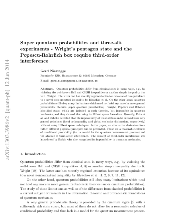 (PDF) Super quantum probabilities and three-slit experiments—Wright's ...