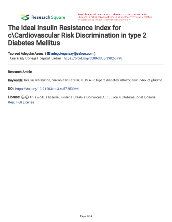 (PDF) The Ideal Insulin Resistance Index for c\Cardiovascular Risk ...