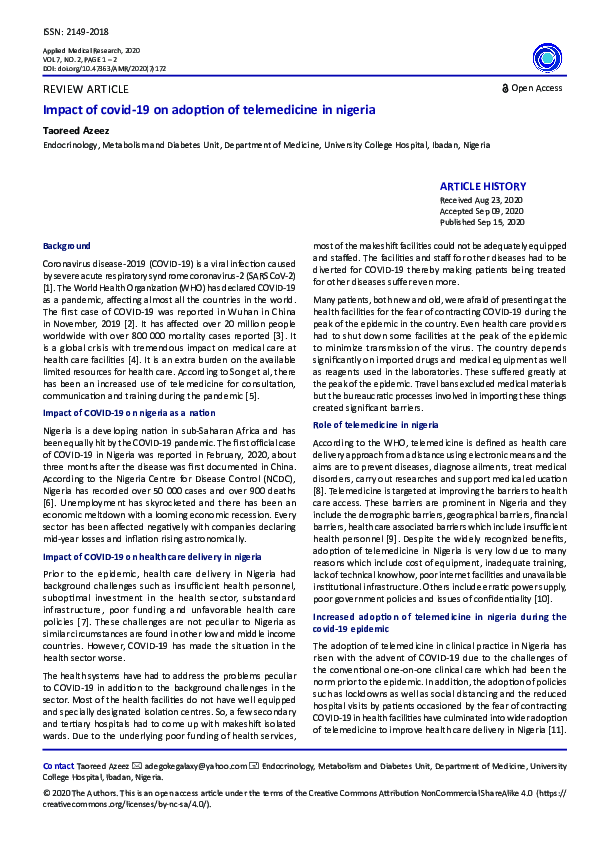 (PDF) Impact of covid-19 on adoption of telemedicine in nigeria
