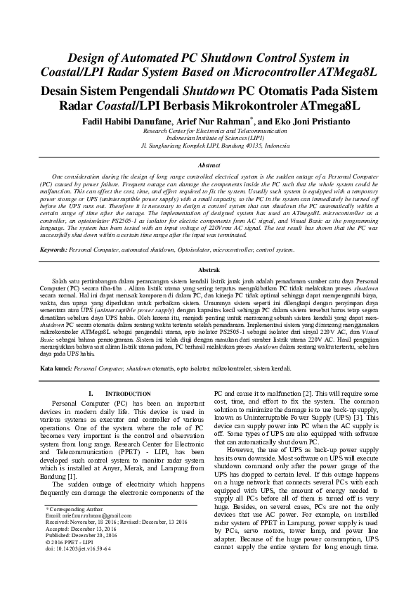 (PDF) Design of Automated PC Shutdown Control System in Coastal/LPI ...