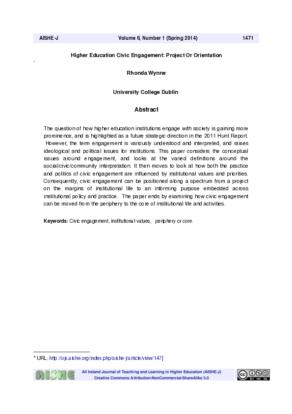(PDF) Higher Education Civic Engagement: Project or Orientation