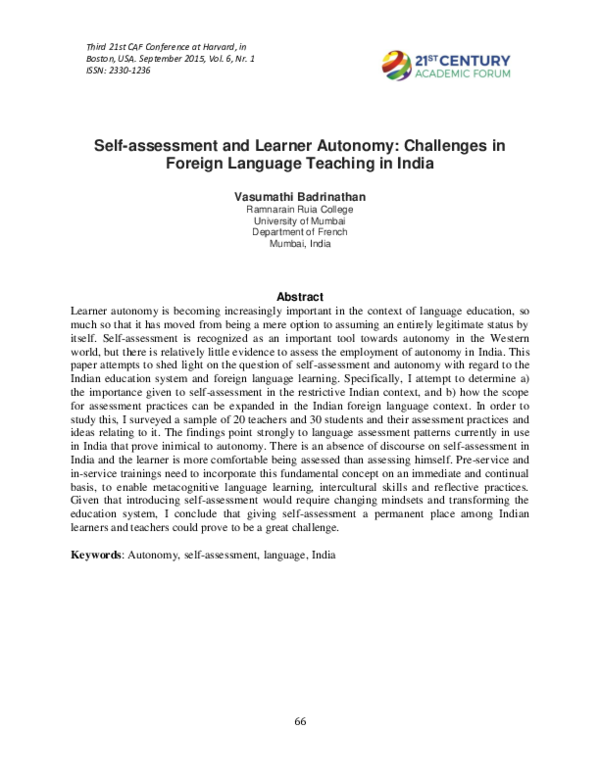(PDF) Self-assessment and Learner Autonomy : Challenges in Foreign ...
