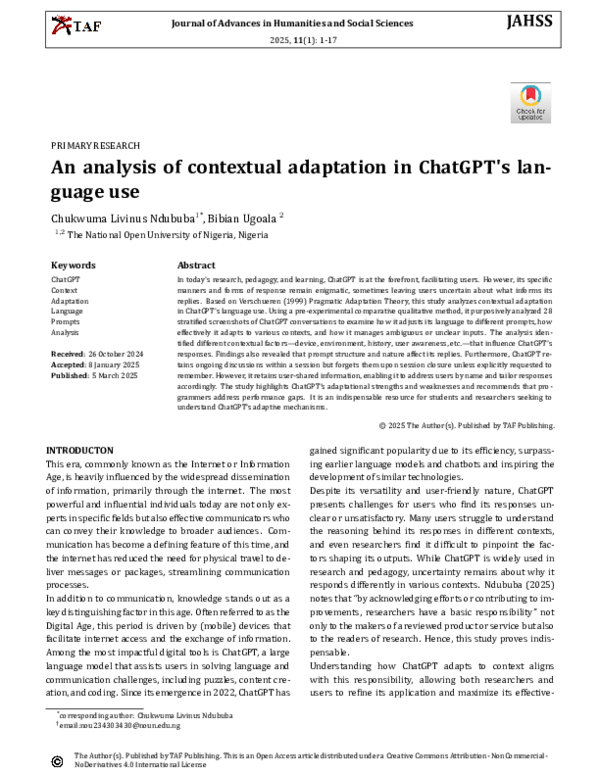 (PDF) An Analysis of Contextual Adaptation in ChatGPT's Language Use