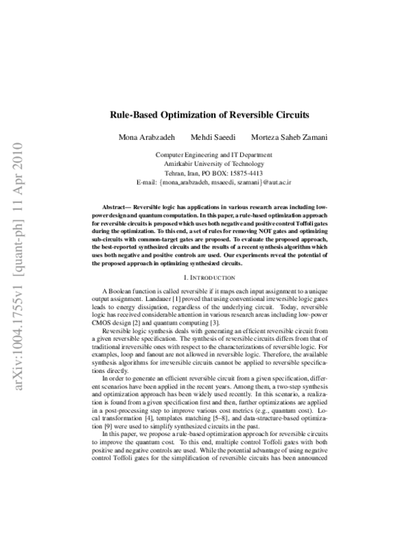 (PDF) Rule-based optimization of reversible circuits