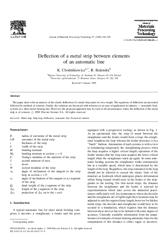 (PDF) Deflection of a metal strip between elements of an automatic line