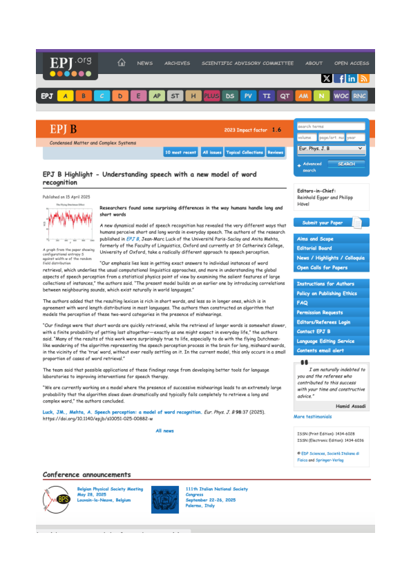 (PDF) EPJB highlights on our model of speech perception