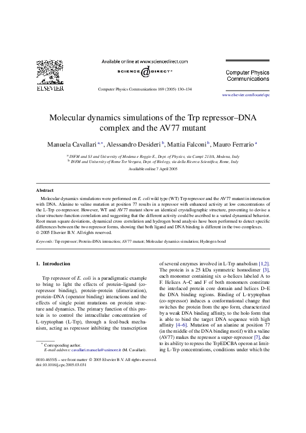 (PDF) Molecular dynamics simulations of the Trp repressor–DNA complex ...