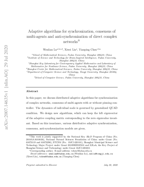 (PDF) Adaptive algorithms for synchronization, consensus of multi ...