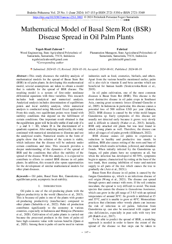 (PDF) Mathematical Model of Basal Stem Rot (BSR) Disease Spread in Oil ...