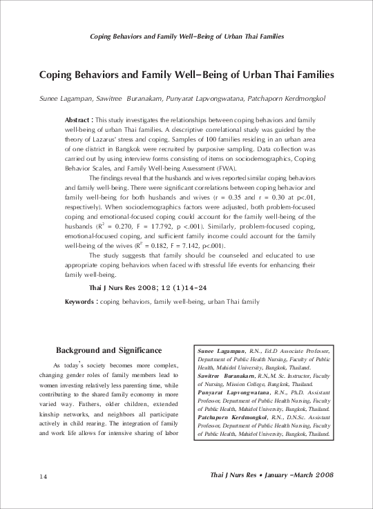 (PDF) Coping Behaviors and Family Well-Being of Urban Thai Families