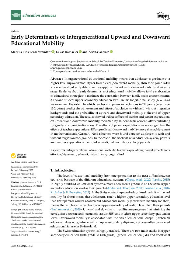 (PDF) Early Determinants of Intergenerational Upward and Downward ...