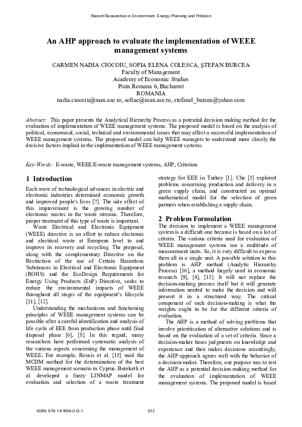 (PDF) An AHP approach to evaluate the implementation of WEEE management ...