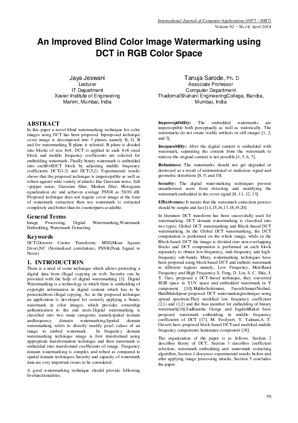 (PDF) An Improved Blind Color Image Watermarking using DCT in RGB Color ...