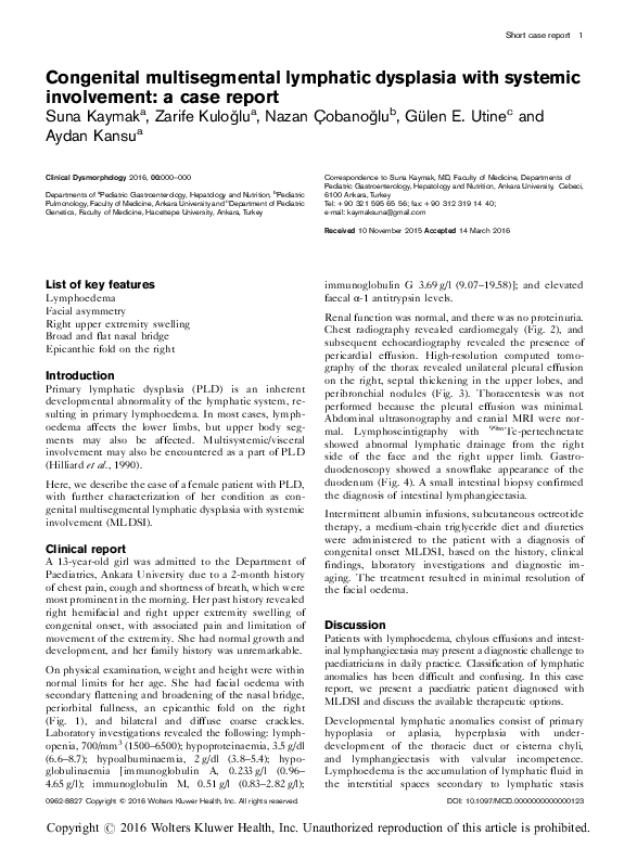 (PDF) Congenital multisegmental lymphatic dysplasia with systemic ...