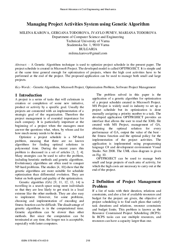 (PDF) Managing Project Activities System using Genetic Algorithm