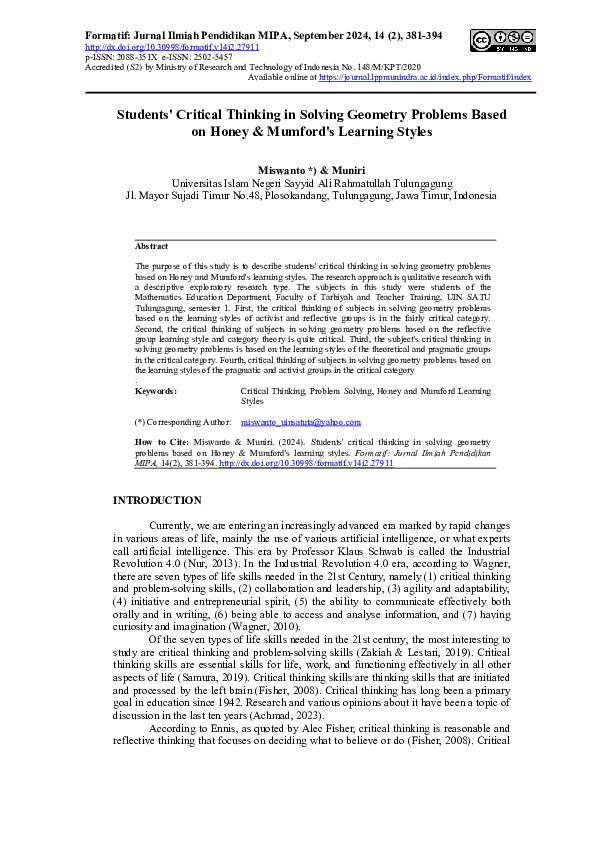 (PDF) Students' Critical Thinking in Solving Geometry Problems Based on ...