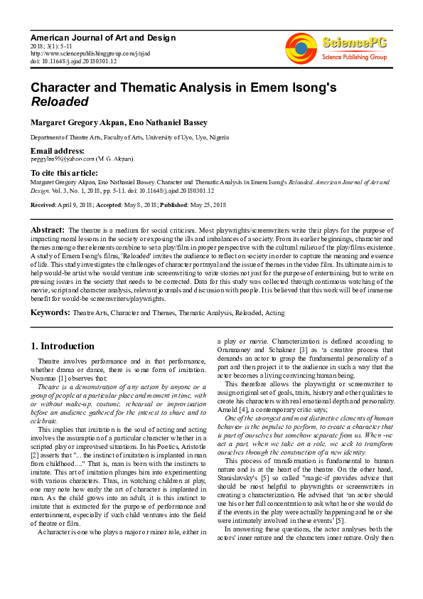 (PDF) Character and Thematic Analysis in Emem Isong's Reloaded