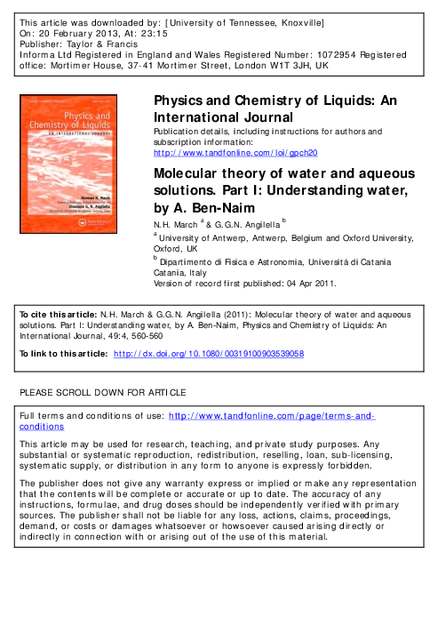 (PDF) Molecular Theory of Water and Aqueous Solutions, Part I ...