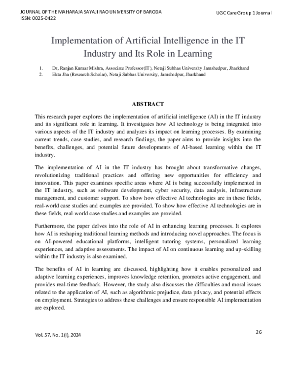 (PDF) Implementation of Artificial Intelligence in the IT Industry and ...