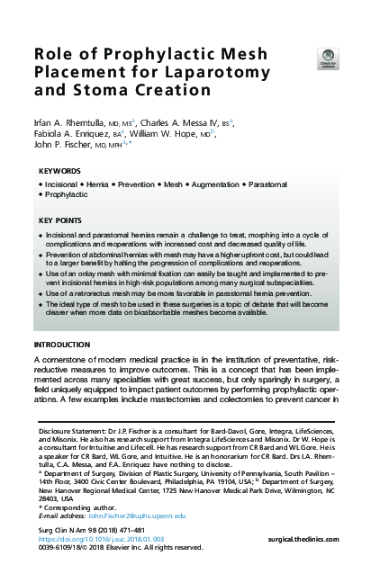 (PDF) Role of Prophylactic Mesh Placement for Laparotomy and Stoma Creation